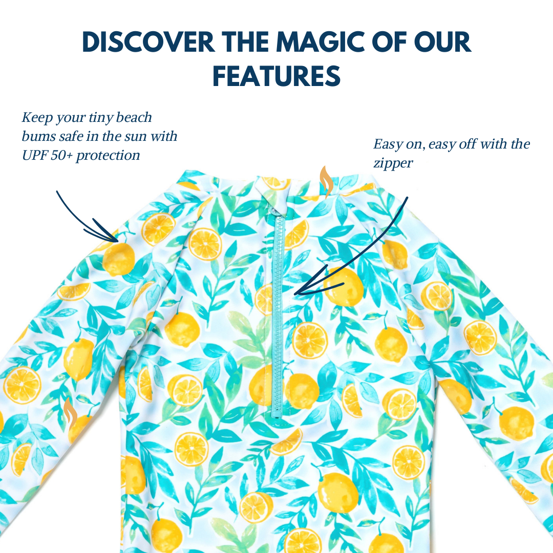 Baby and Toddler Girl Long Sleeve Rash Guard One Piece Swimsuit, Zesty Lemon Delight