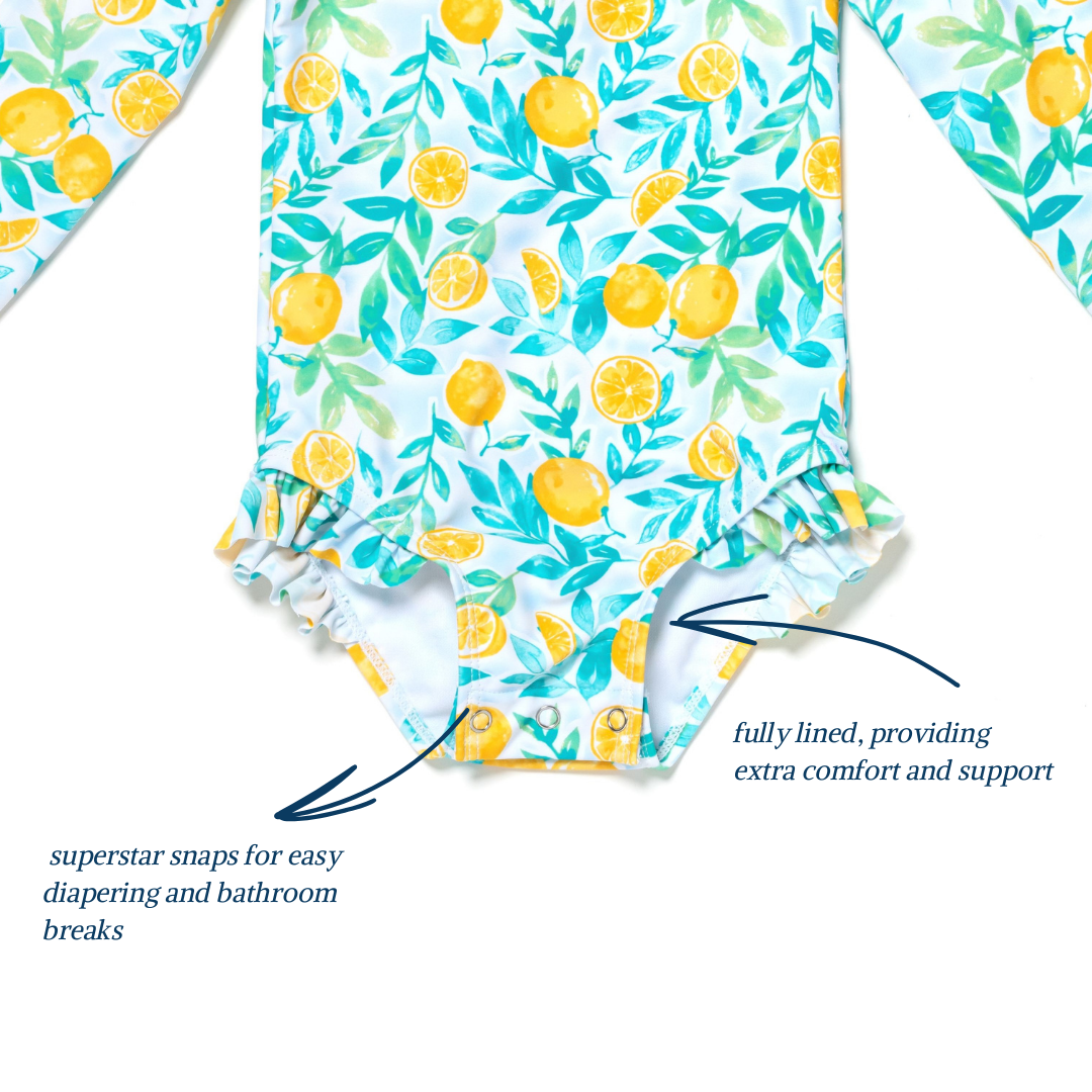 Baby and Toddler Girl Long Sleeve Rash Guard One Piece Swimsuit, Zesty Lemon Delight