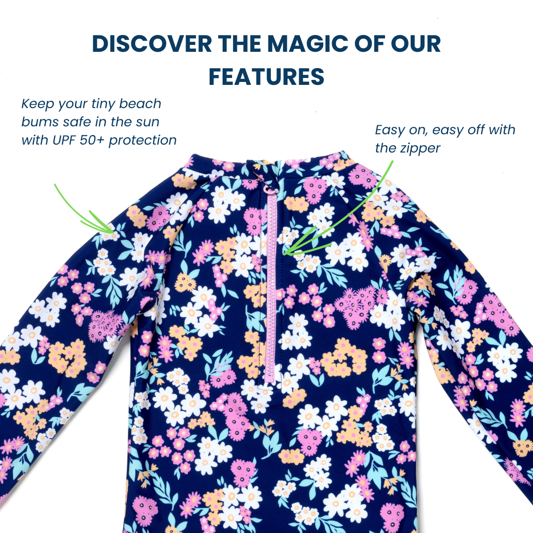 Baby and Toddler Girl Long Sleeve Rash Guard One Piece Swimsuit, Whimsical Blooms