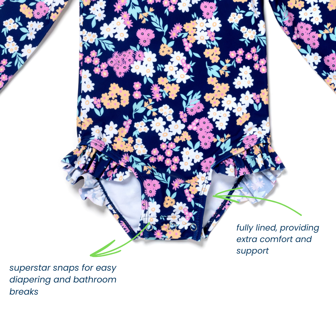 Baby and Toddler Girl Long Sleeve Rash Guard One Piece Swimsuit, Whimsical Blooms