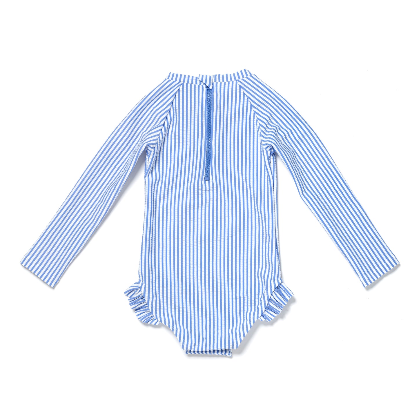 Baby and Toddler Girl Long Sleeve Rash Guard One Piece Swimsuit, Bubbly Blue Seersucker