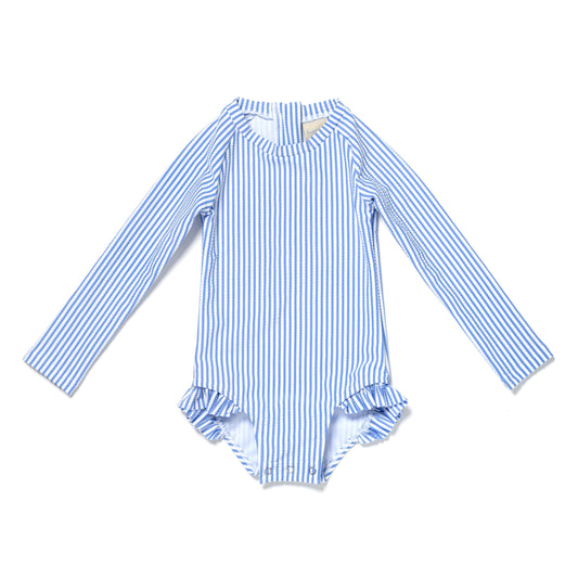 Baby and Toddler Girl Long Sleeve Rash Guard One Piece Swimsuit, Bubbly Blue Seersucker