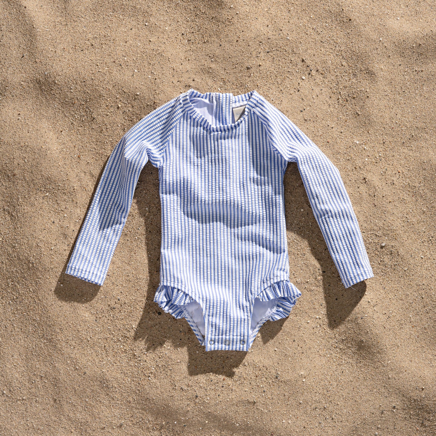 Baby and Toddler Girl Long Sleeve Rash Guard One Piece Swimsuit, Bubbly Blue Seersucker