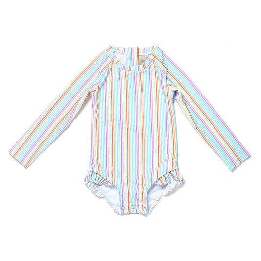 Baby and Toddler Girl Long Sleeve Rash Guard One Piece Swimsuit, Color Burst Stripe