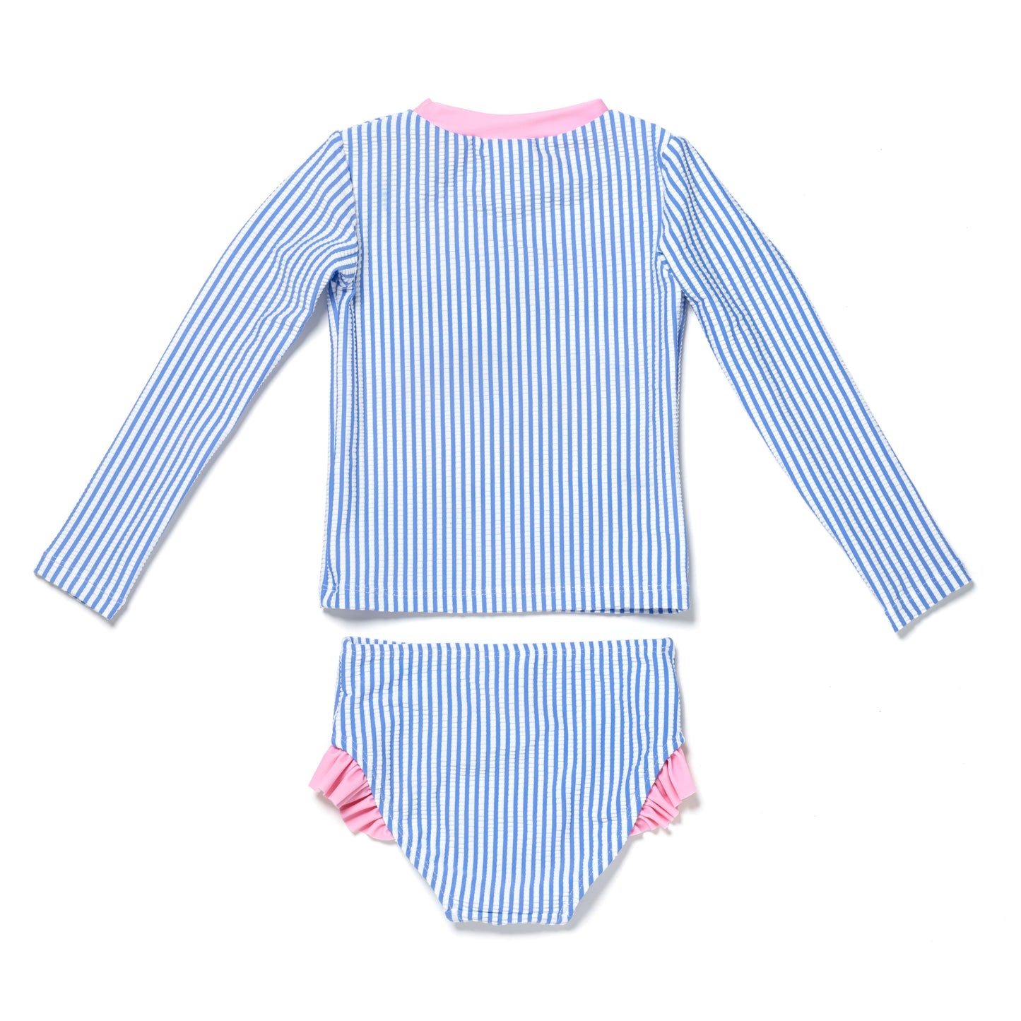 Baby and Toddler Girl Long Sleeve Rash Guard 2 Piece Swimsuit Set,  Bubbly Blue Seersucker