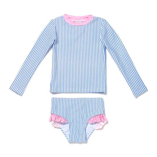 Baby and Toddler Girl Long Sleeve Rash Guard 2 Piece Swimsuit Set,  Bubbly Blue Seersucker