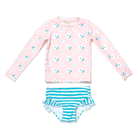 Baby and Toddler Girl Long Sleeve Rash Guard 2 Piece Swimsuit Set, Poppy Floral