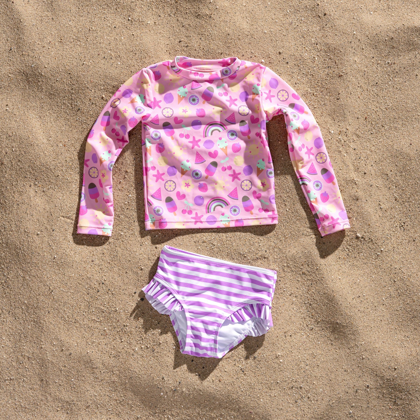 Baby and Toddler Girl Long Sleeve Rash Guard 2 Piece Swimsuit Set, Sweet Treats