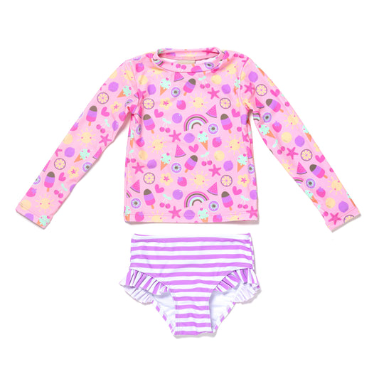Baby and Toddler Girl Long Sleeve Rash Guard 2 Piece Swimsuit Set, Sweet Treats