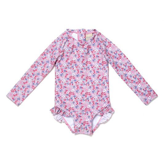 Baby and Toddler Girl Long Sleeve Rash Guard One Piece Swimsuit, Pink Petal Pals