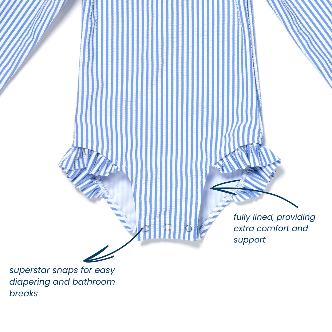 Baby and Toddler Girl Long Sleeve Rash Guard One Piece Swimsuit, Bubbly Blue Seersucker