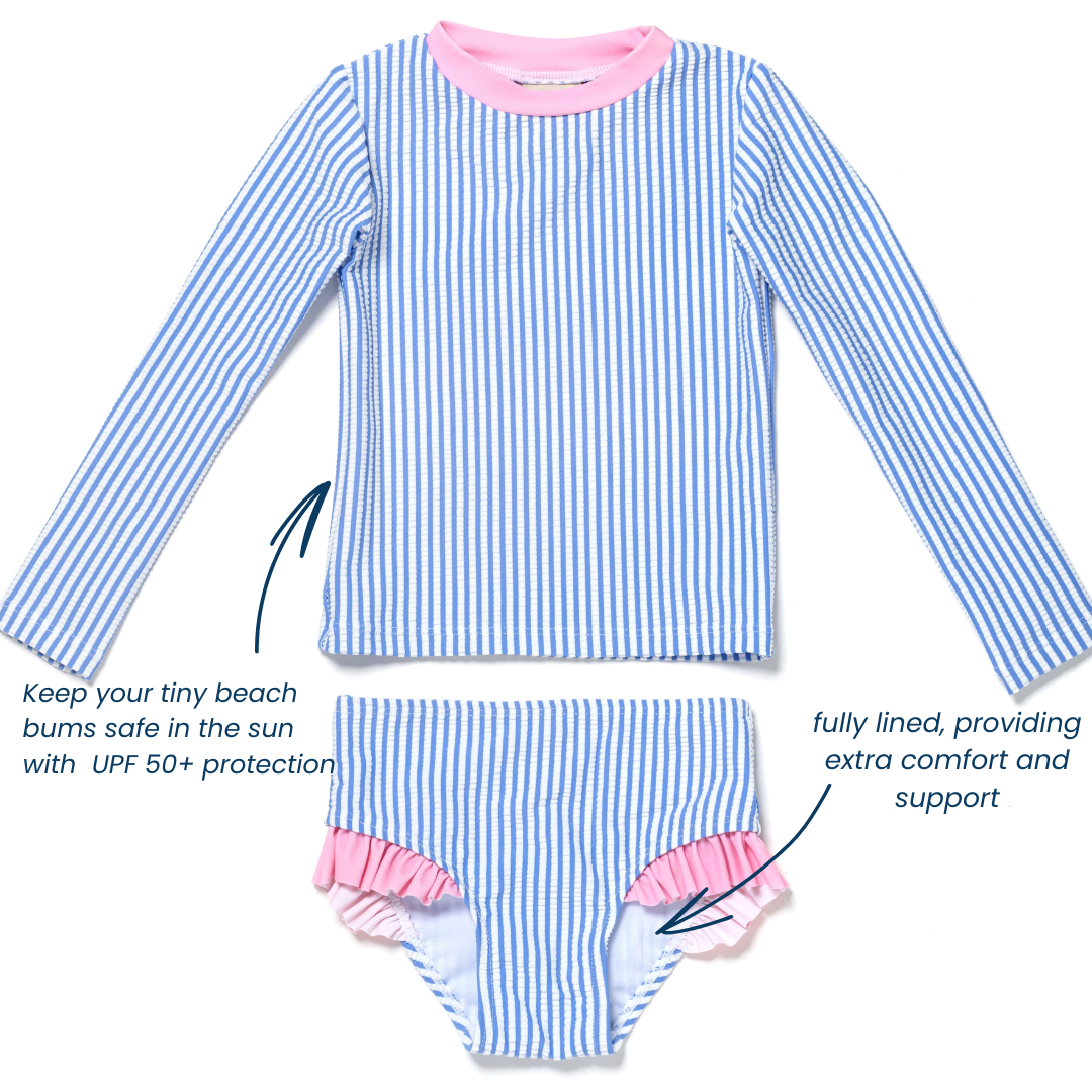 Baby and Toddler Girl Long Sleeve Rash Guard 2 Piece Swimsuit Set,  Bubbly Blue Seersucker