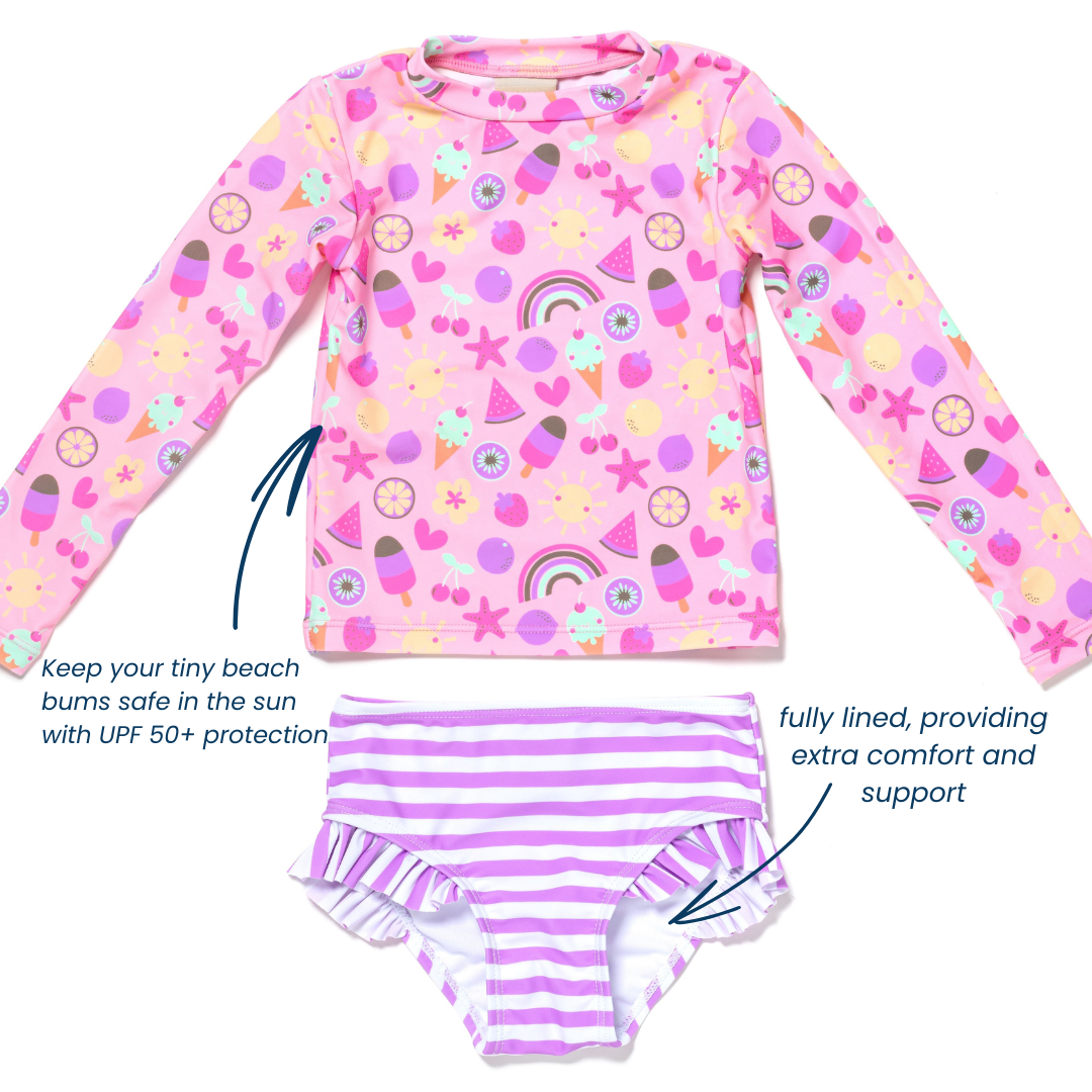 Baby and Toddler Girl Long Sleeve Rash Guard 2 Piece Swimsuit Set, Sweet Treats
