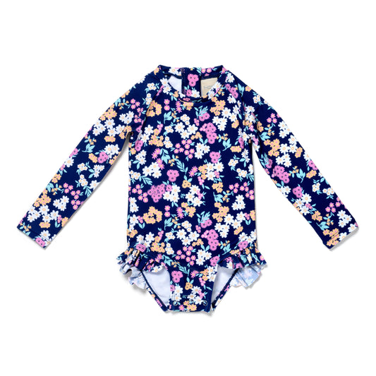 Baby and Toddler Girl Long Sleeve Rash Guard One Piece Swimsuit, Whimsical Blooms