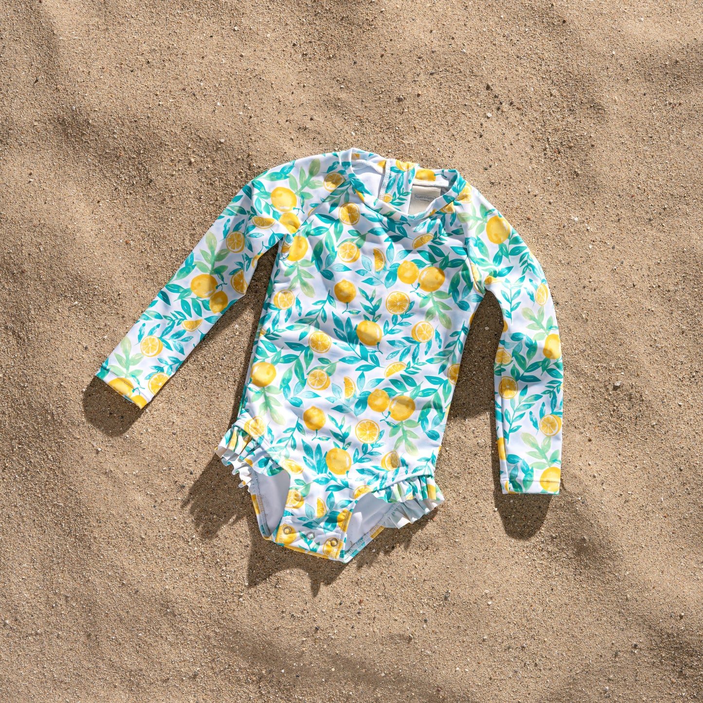 Baby and Toddler Girl Long Sleeve Rash Guard One Piece Swimsuit, Zesty Lemon Delight