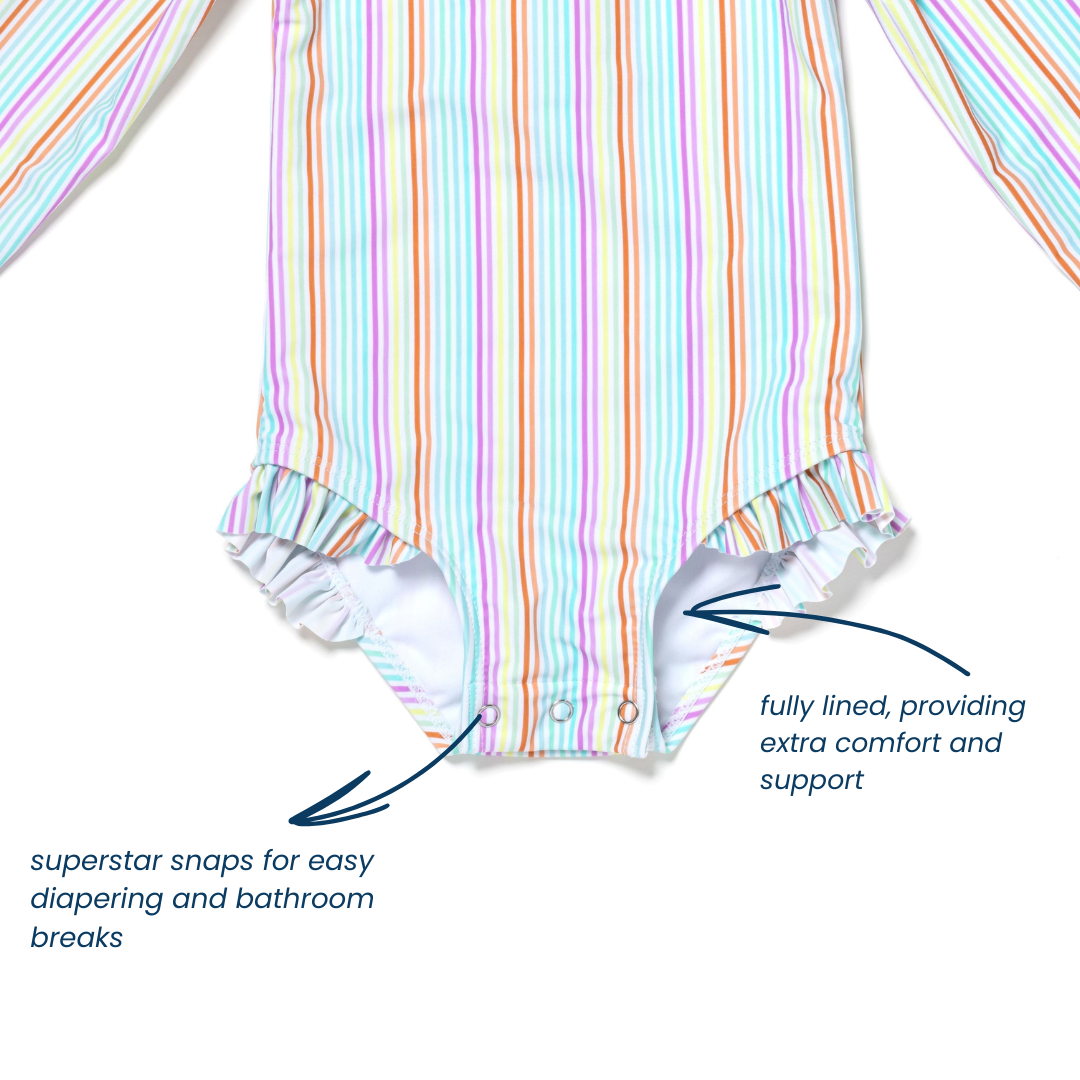 Baby and Toddler Girl Long Sleeve Rash Guard One Piece Swimsuit, Color Burst Stripe