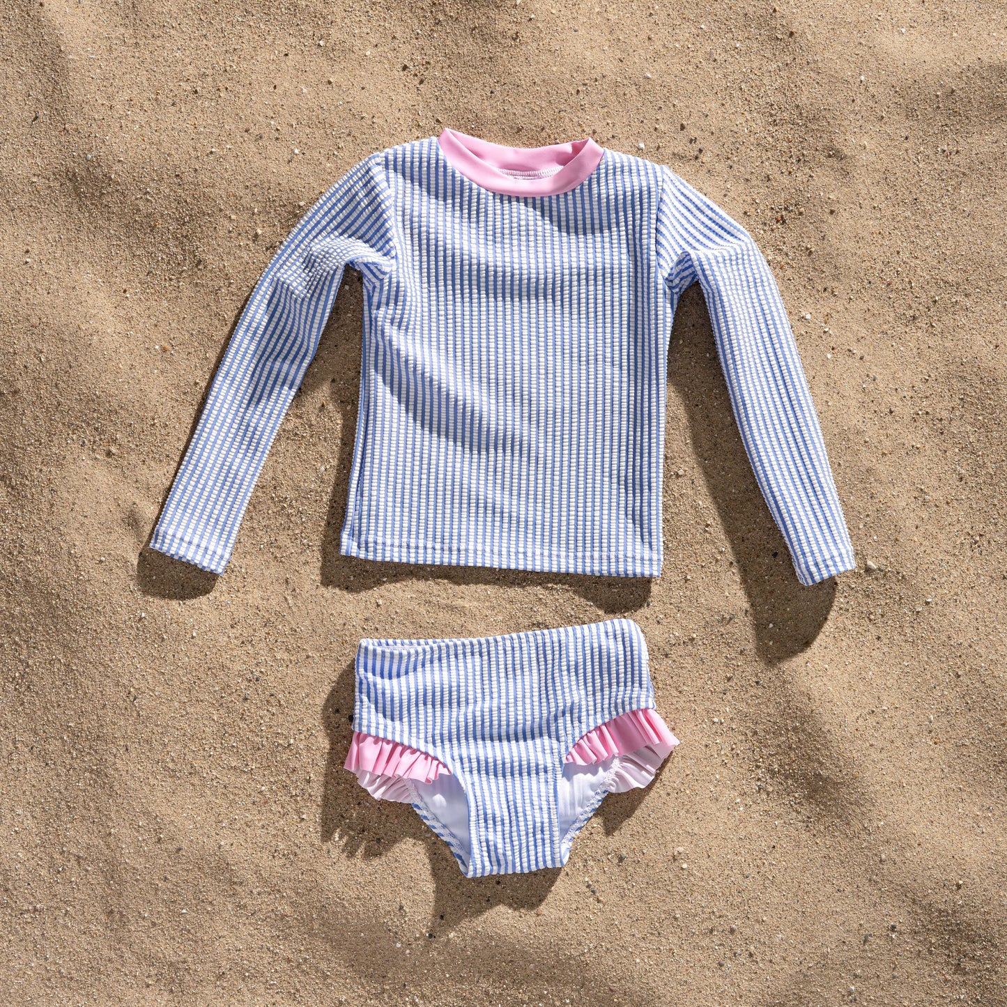 Baby and Toddler Girl Long Sleeve Rash Guard 2 Piece Swimsuit Set,  Bubbly Blue Seersucker