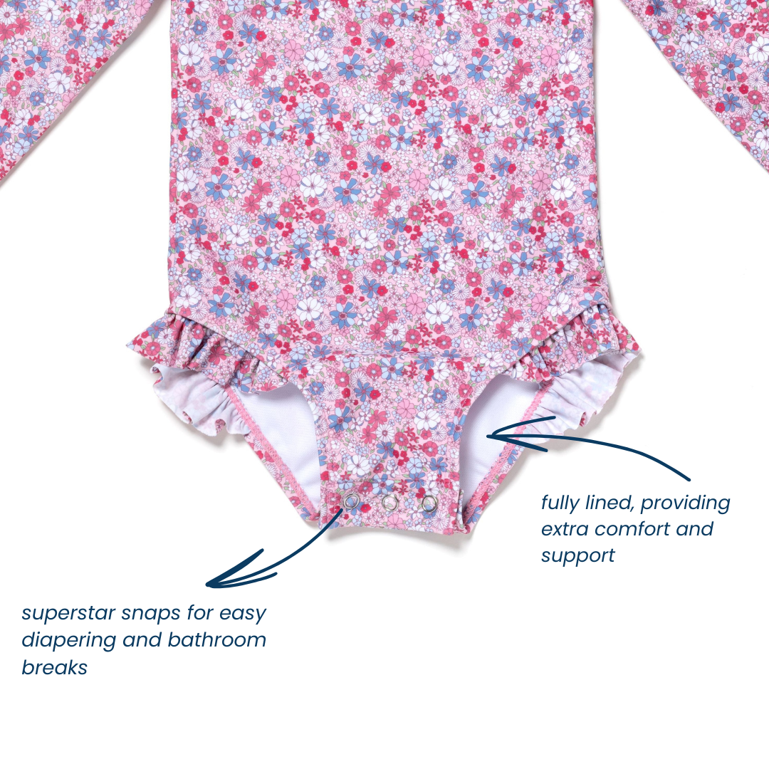 Baby and Toddler Girl Long Sleeve Rash Guard One Piece Swimsuit, Pink Petal Pals